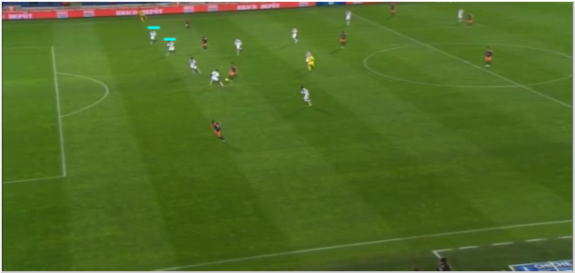 Two defenders, able to look along the line, play Mounier onside